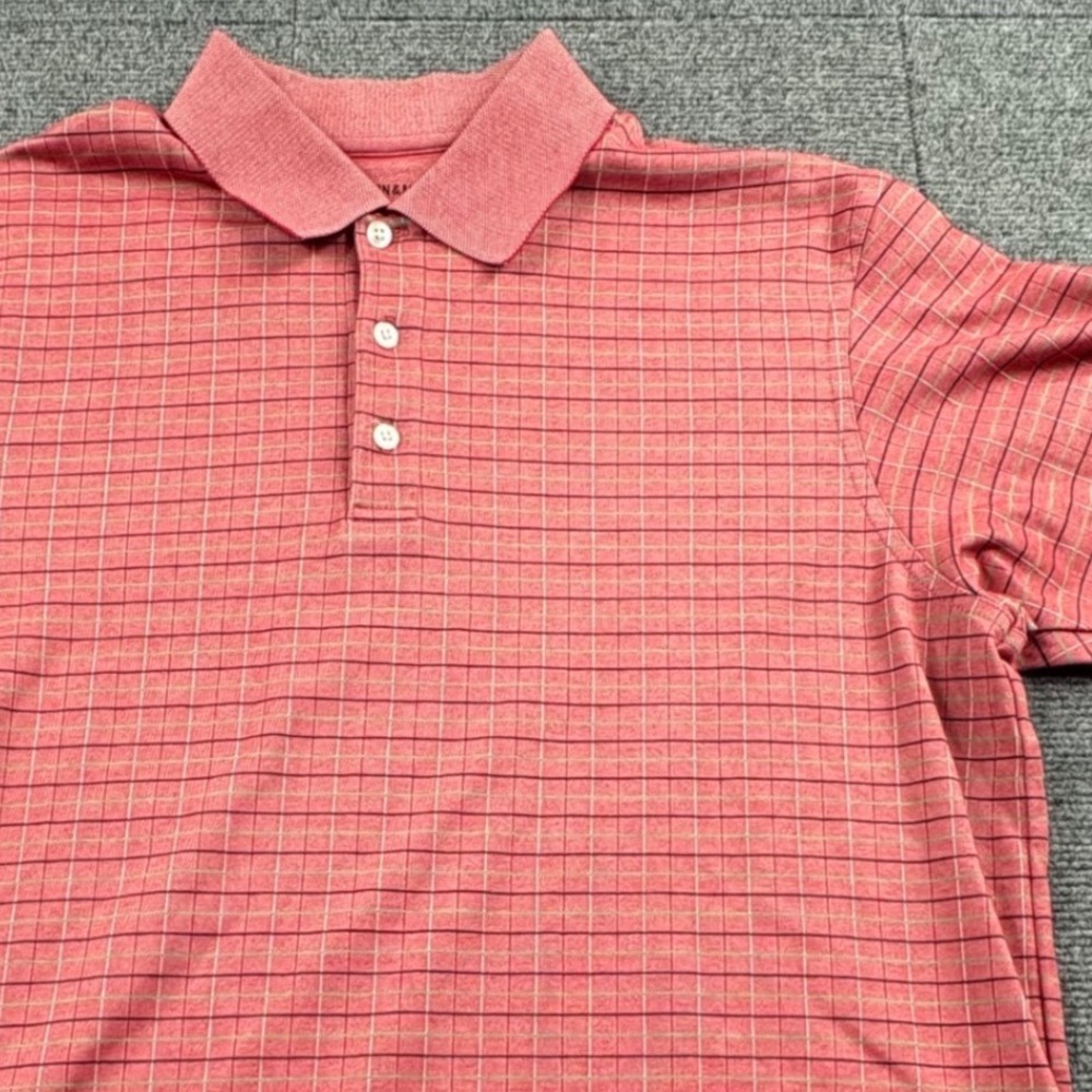 Johnston & Murphy Mens Medium Polo Shirt Salmon Pink Grid Short Sleeve Cotton